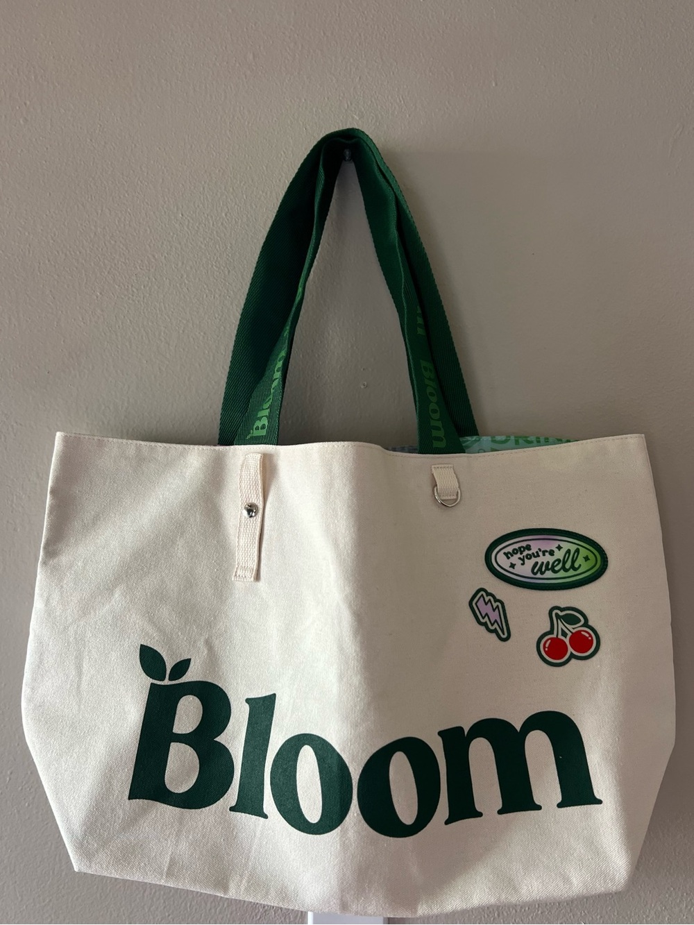 bloom Cream Canvas Tote with Dark Green Logo and Straps